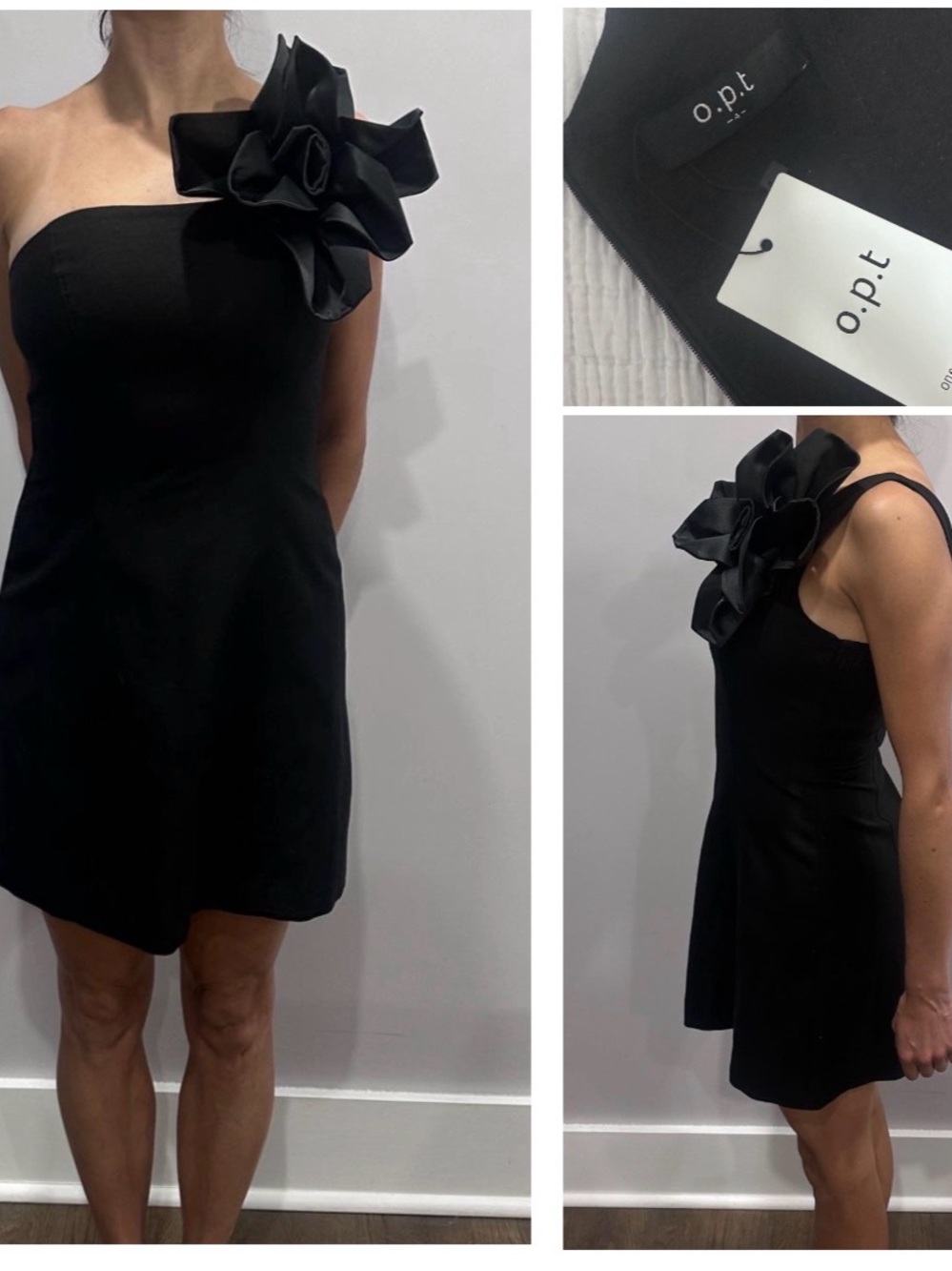 o.p.t Black One-Shoulder Dress with Floral Appliqué